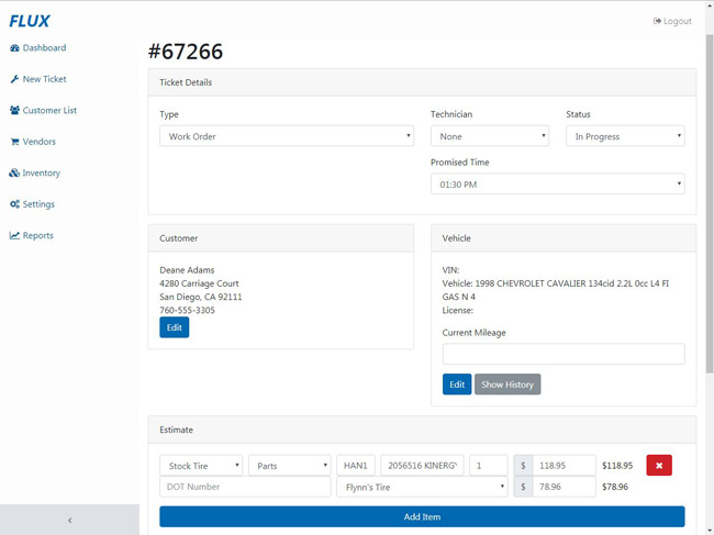 Flux Shop Manager Edit a Ticket