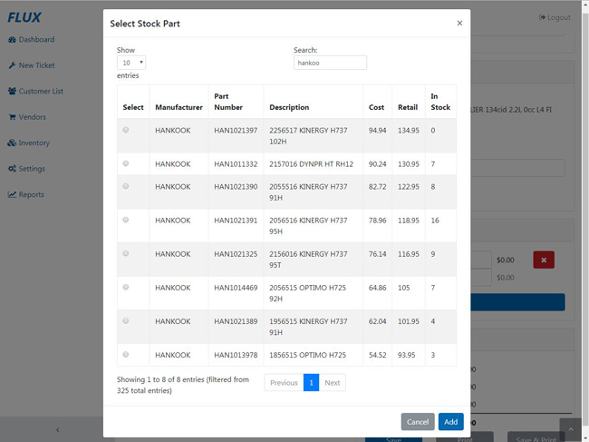 Flux Shop Manager Stock Part Modal